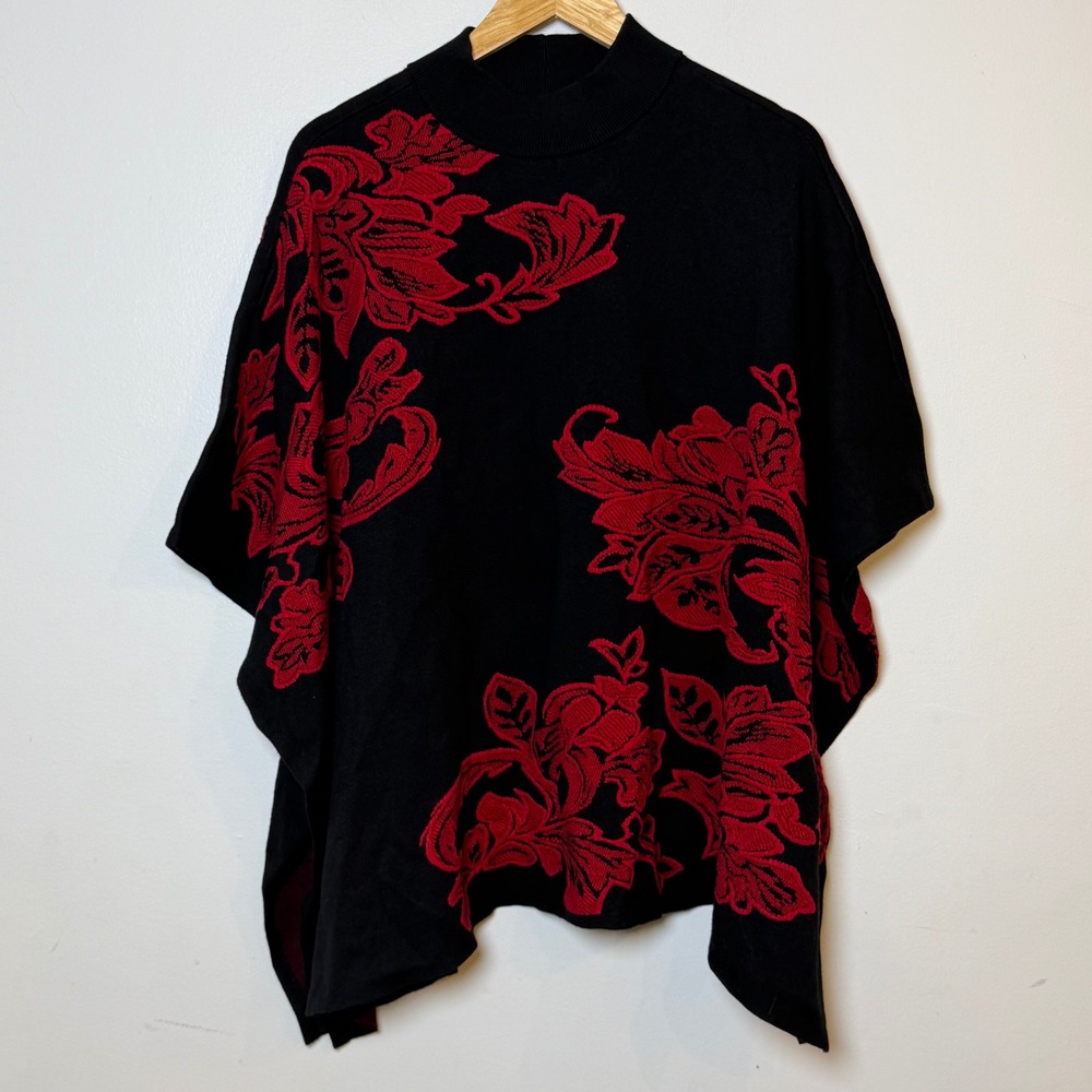 Chicos Jacquard Embroidered Mock Neck Poncho Sweater Floral Black Red L/XL NWT